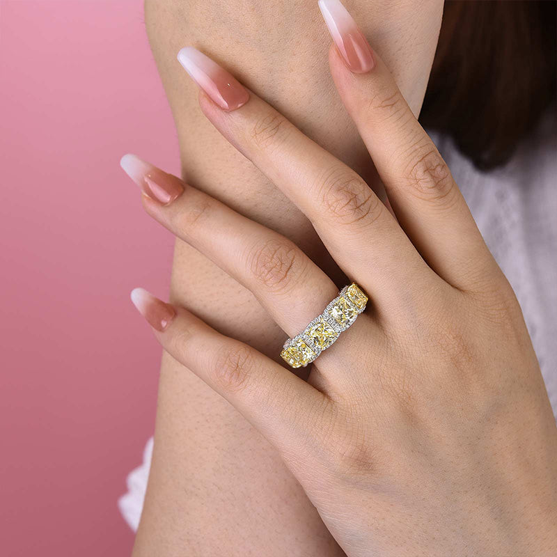 Luxurious Halo Cushion Cut Yellow Sapphire Wide Wedding Band for Her In Sterling Silver