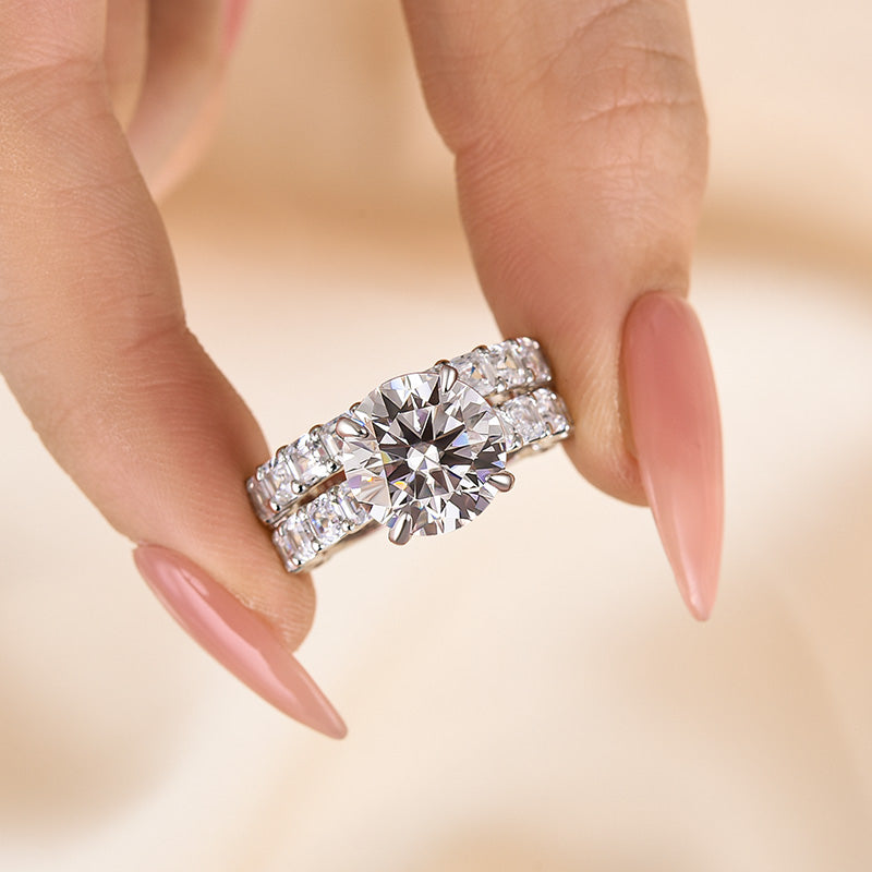 Asscher Cut Side Stone 2.0Ct Round Cut Wedding Ring Set