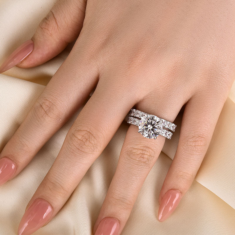 Asscher Cut Side Stone 2.0Ct Round Cut Wedding Ring Set