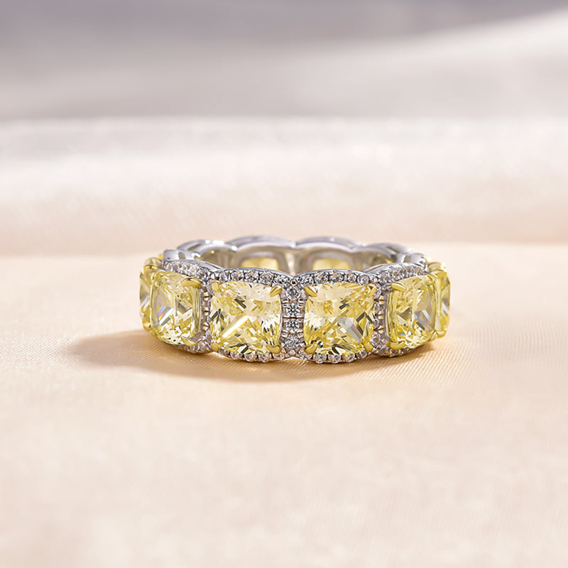 Luxurious Halo Cushion Cut Yellow Sapphire Wide Wedding Band for Her In Sterling Silver