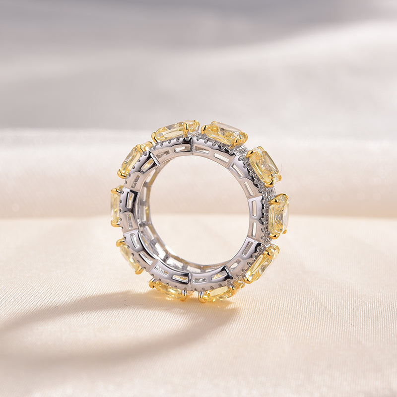 Luxurious Halo Cushion Cut Yellow Sapphire Wide Wedding Band for Her In Sterling Silver