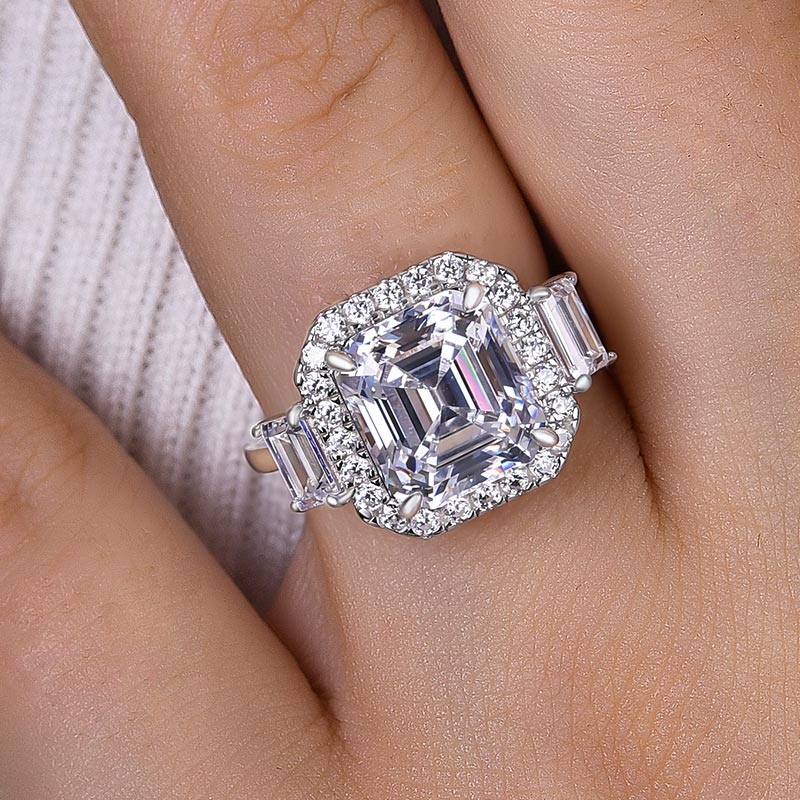 Luxury Halo Asscher Cut Three Stone Women's Engagement Ring In Sterling Silver