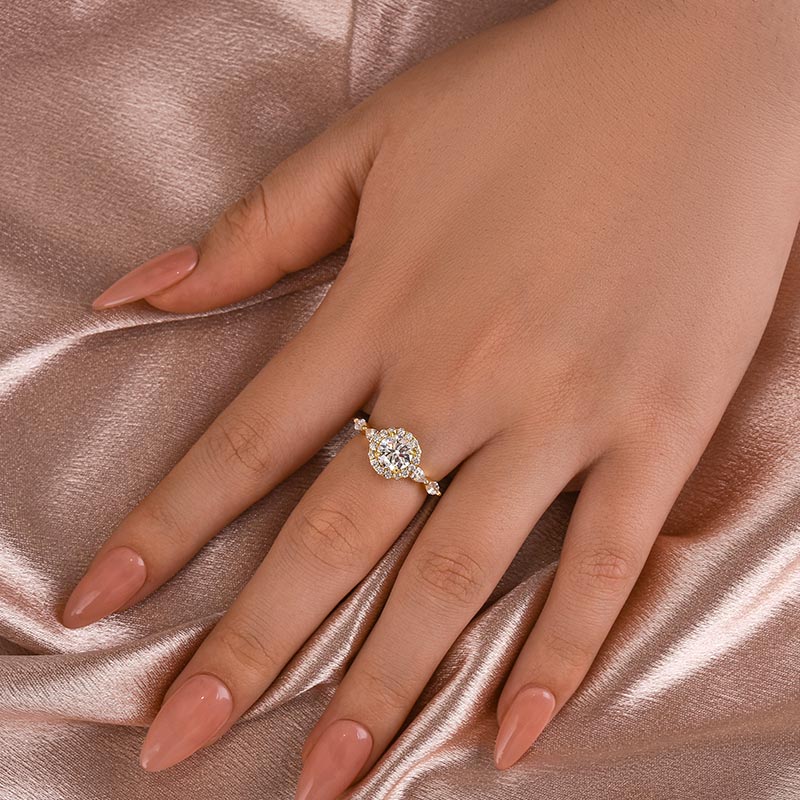Ahabobo Moissanite 1.0 Ct Halo Round Cut Yellow Gold Promise Ring