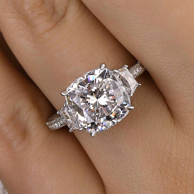 Sparkle Cushion Cut Three Stone Engagement Ring In Sterling Silver