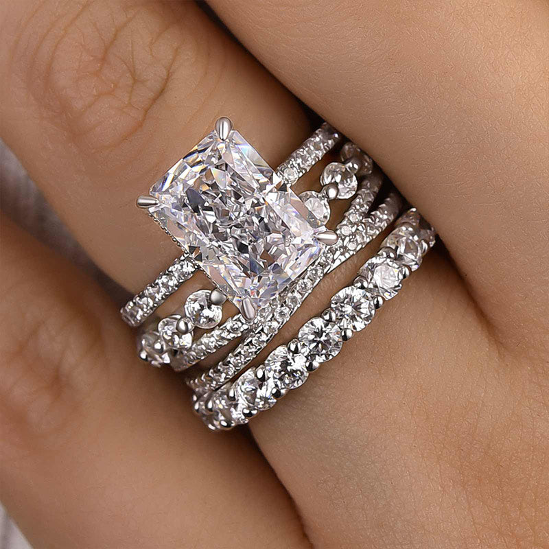 Excellent Crushed Ice Radiant Cut 4PC Wedding Ring Set