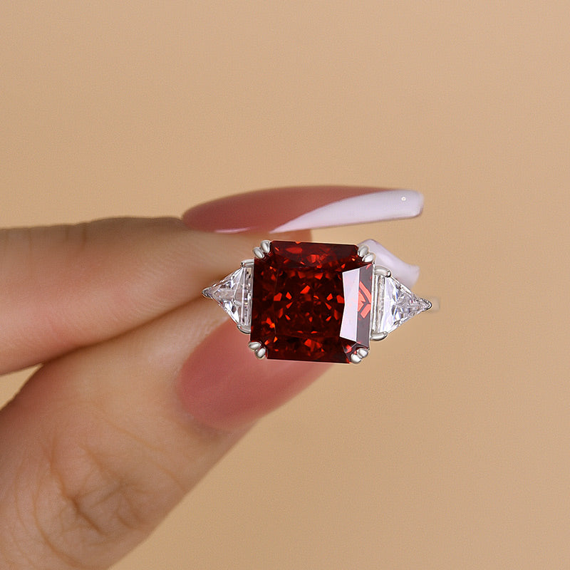 Ruby Radiant Cut Three Stone Engagement Ring With Triangle Cut Site-stones