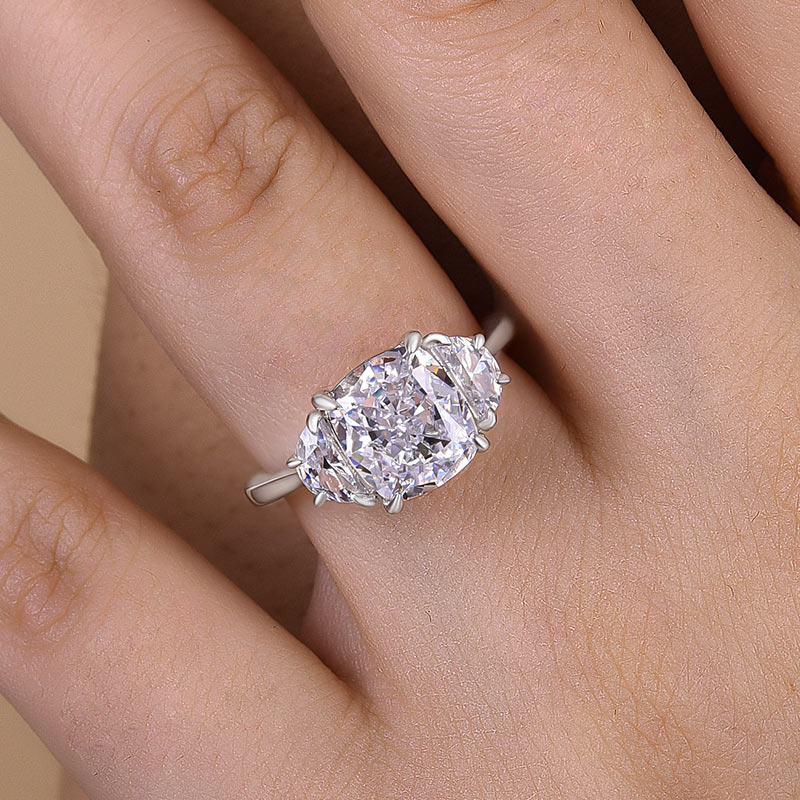 Elegant Cushion Cut Three Stone Engagement Ring In Sterling Silver