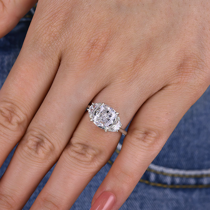 Elegant Cushion Cut Three Stone Engagement Ring In Sterling Silver