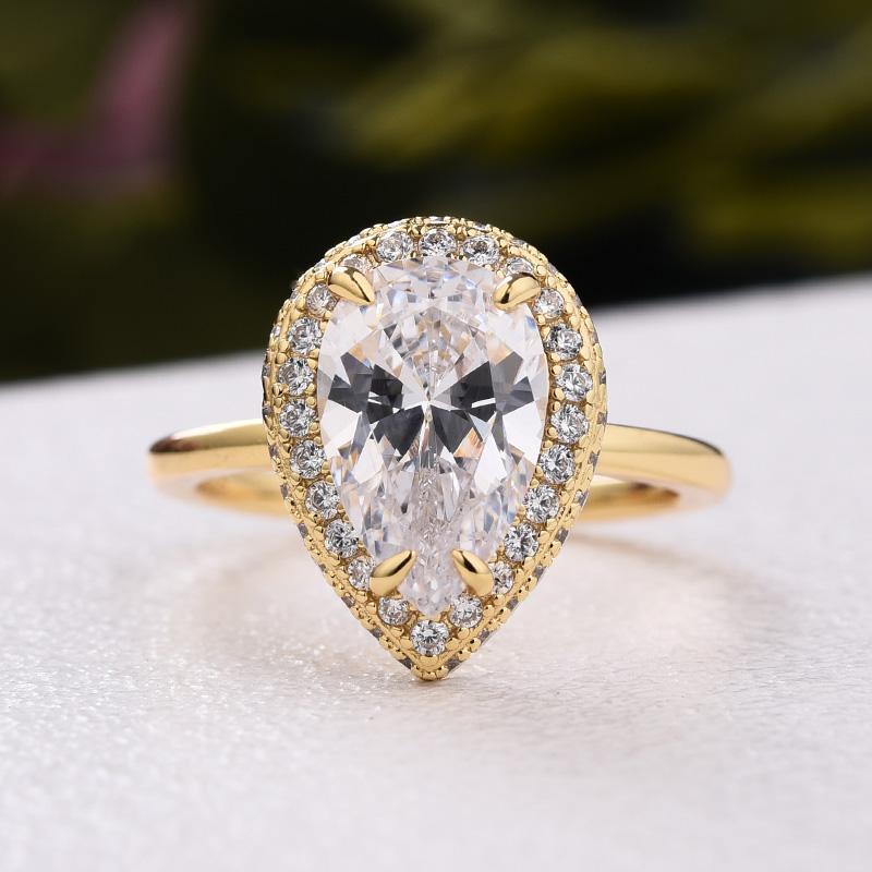 Yellow Gold Halo Pear Cut Solitaire Engagement Ring For Women In Sterling Silver