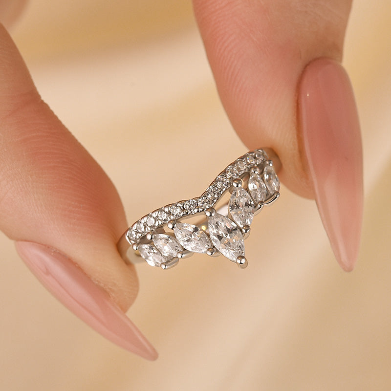 Crown Shaped Curved Design Thin Stacking Wedding Band In Sterling Silver