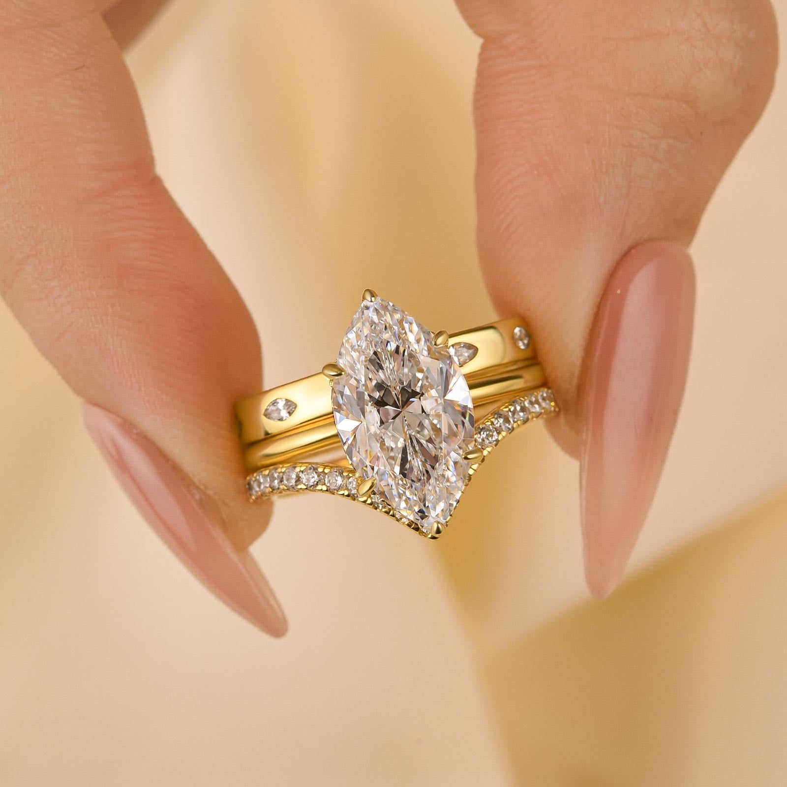 3PC Marquise Cut Yellow Gold Wedding Ring Set With Vintage Wedding Bands