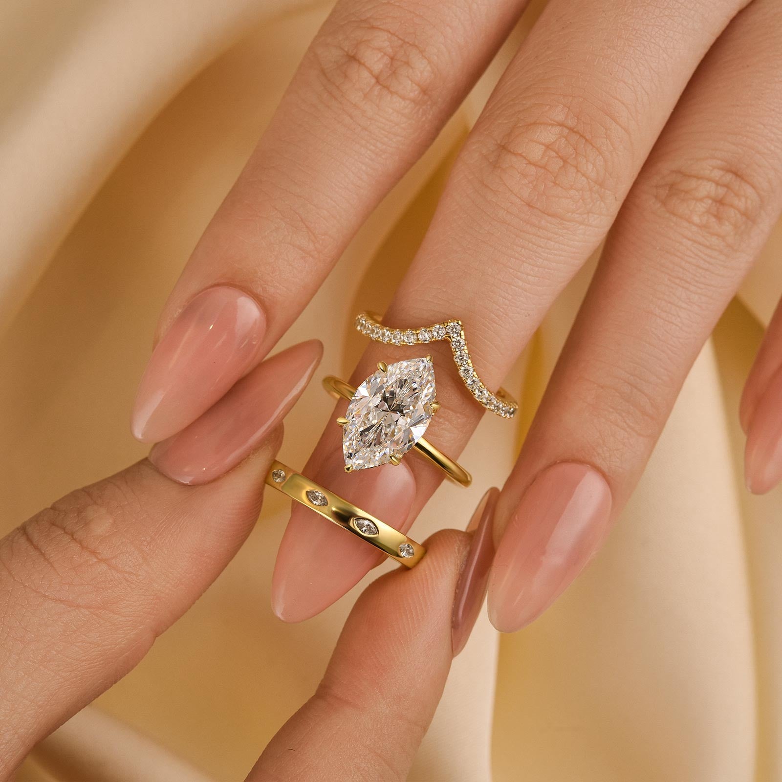 3PC Marquise Cut Yellow Gold Wedding Ring Set With Vintage Wedding Bands