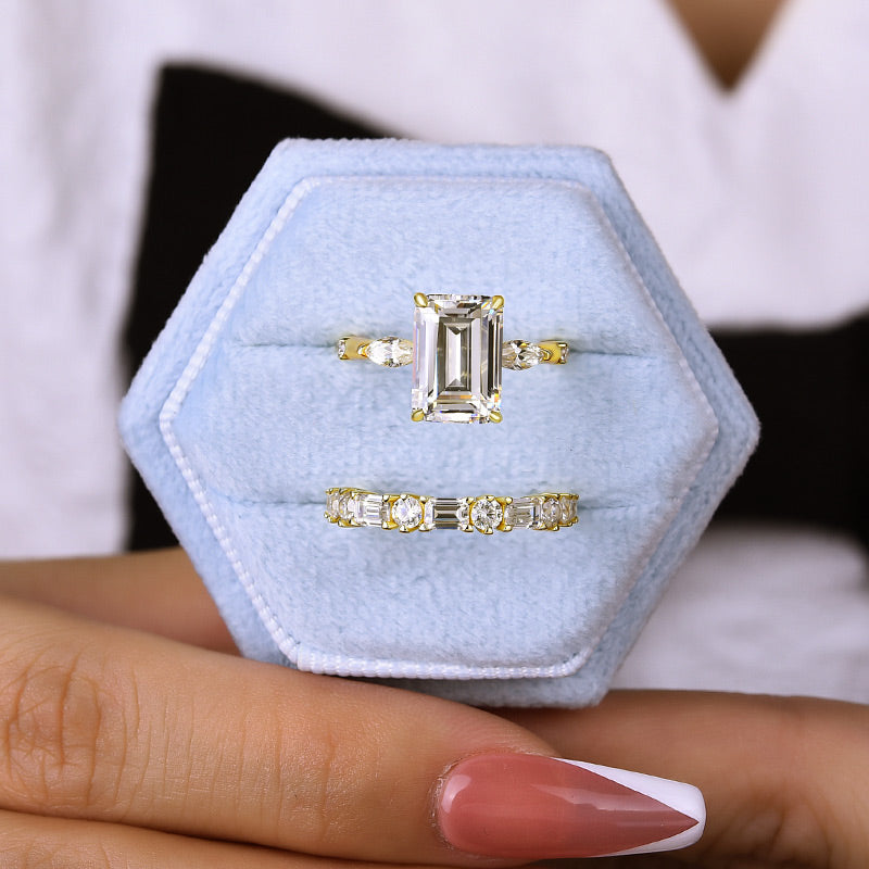 Exquisite Yellow Gold Emerald Cut Three Stone Wedding set For Women In Sterling Silver