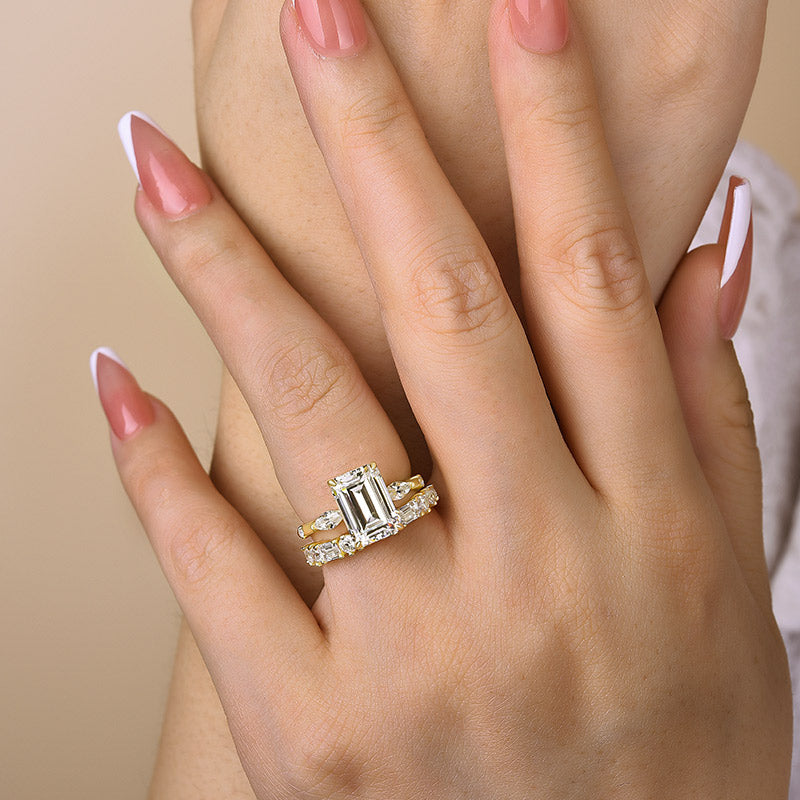 Exquisite Yellow Gold Emerald Cut Three Stone Wedding set For Women In Sterling Silver