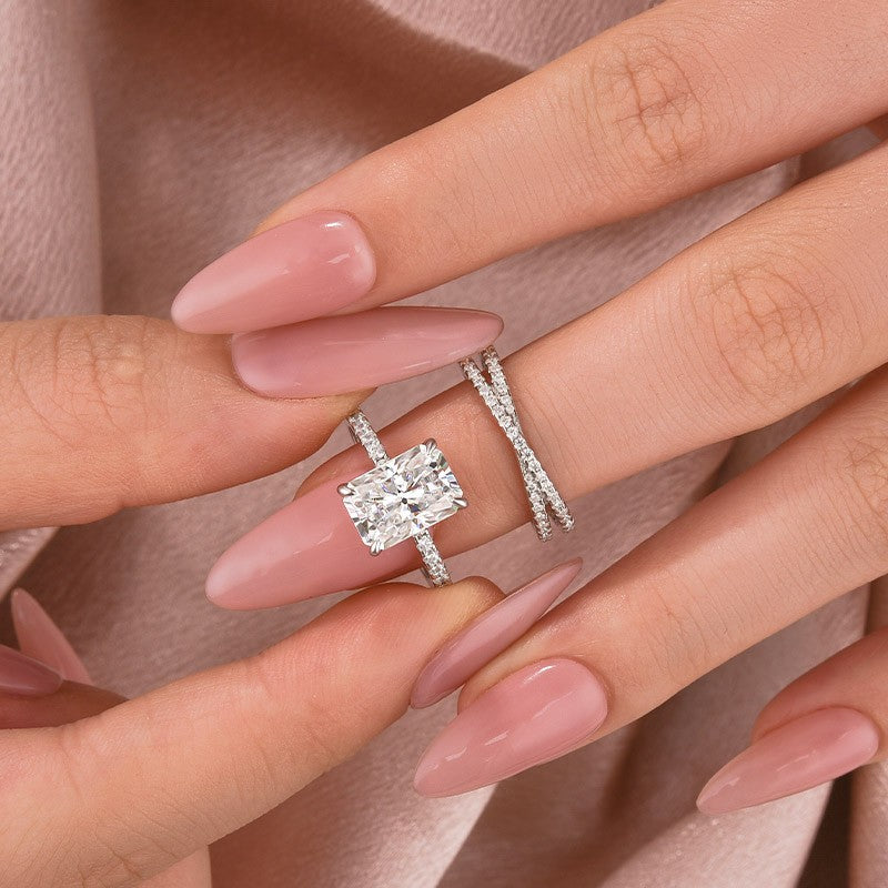 3.5Ct Radiant Cut White Gold Moissanite Diamond Wedding Ring with Criss Cross Band