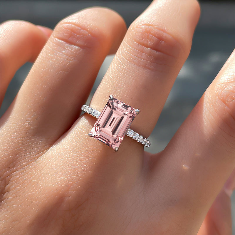 Elegant Emerald Cut Morganite Pink Women's Engagement Ring In Sterling Silver