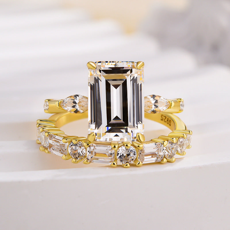Exquisite Yellow Gold Emerald Cut Three Stone Wedding set For Women In Sterling Silver