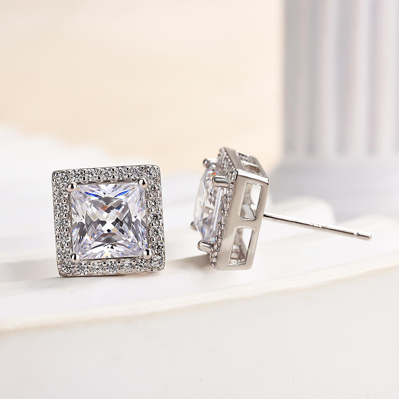 2.0Ct Fashion Halo Princess Cut Sona Simulated Diamond Stud Earrings In Sterling Silver