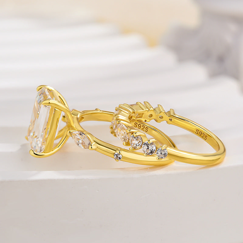 Exquisite Yellow Gold Emerald Cut Three Stone Wedding set For Women In Sterling Silver