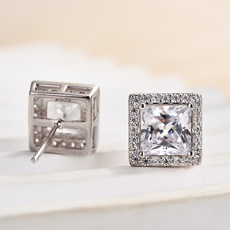2.0Ct Fashion Halo Princess Cut Sona Simulated Diamond Stud Earrings In Sterling Silver
