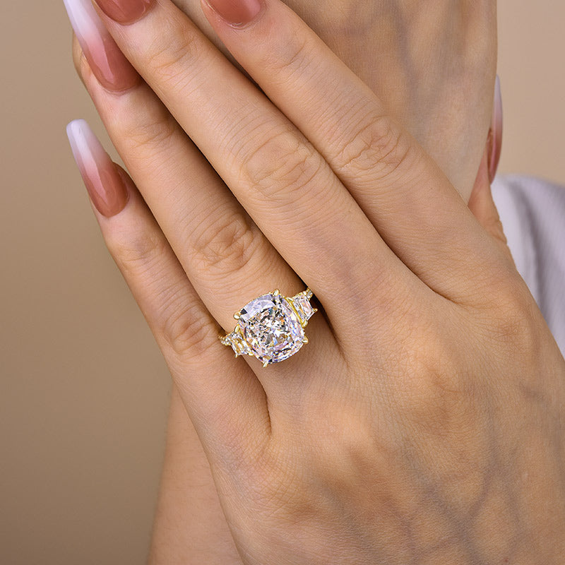 Noble Yellow Gold Cushion Cut Three Stone Engagement Ring