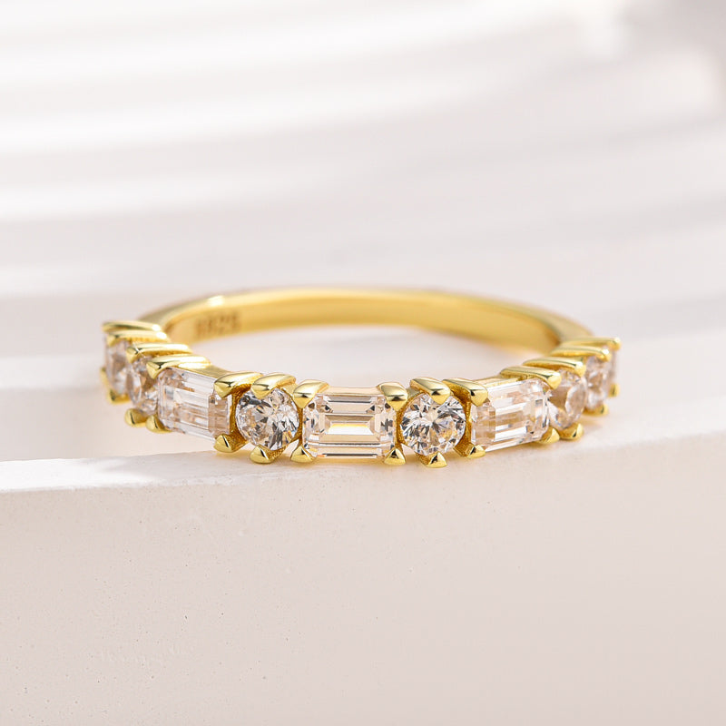 Fashion Yellow Gold Half Emerald & Round Cut Diamond Wedding Band In Sterling Silver