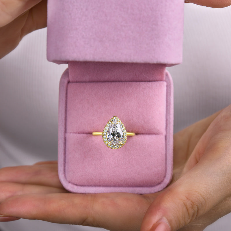 Yellow Gold Halo Pear Cut Solitaire Engagement Ring For Women In Sterling Silver