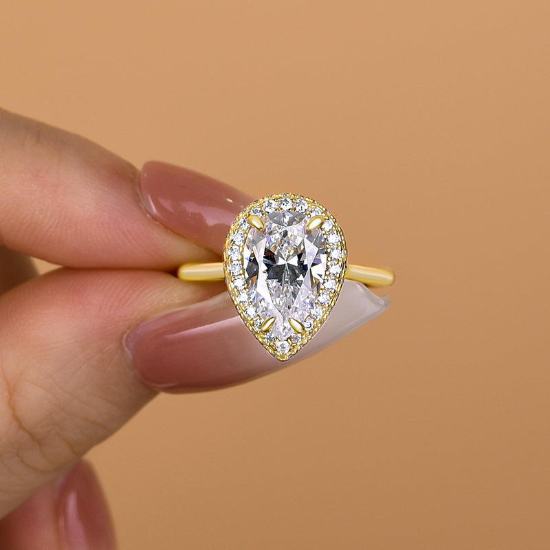 Yellow Gold Halo Pear Cut Solitaire Engagement Ring For Women In Sterling Silver