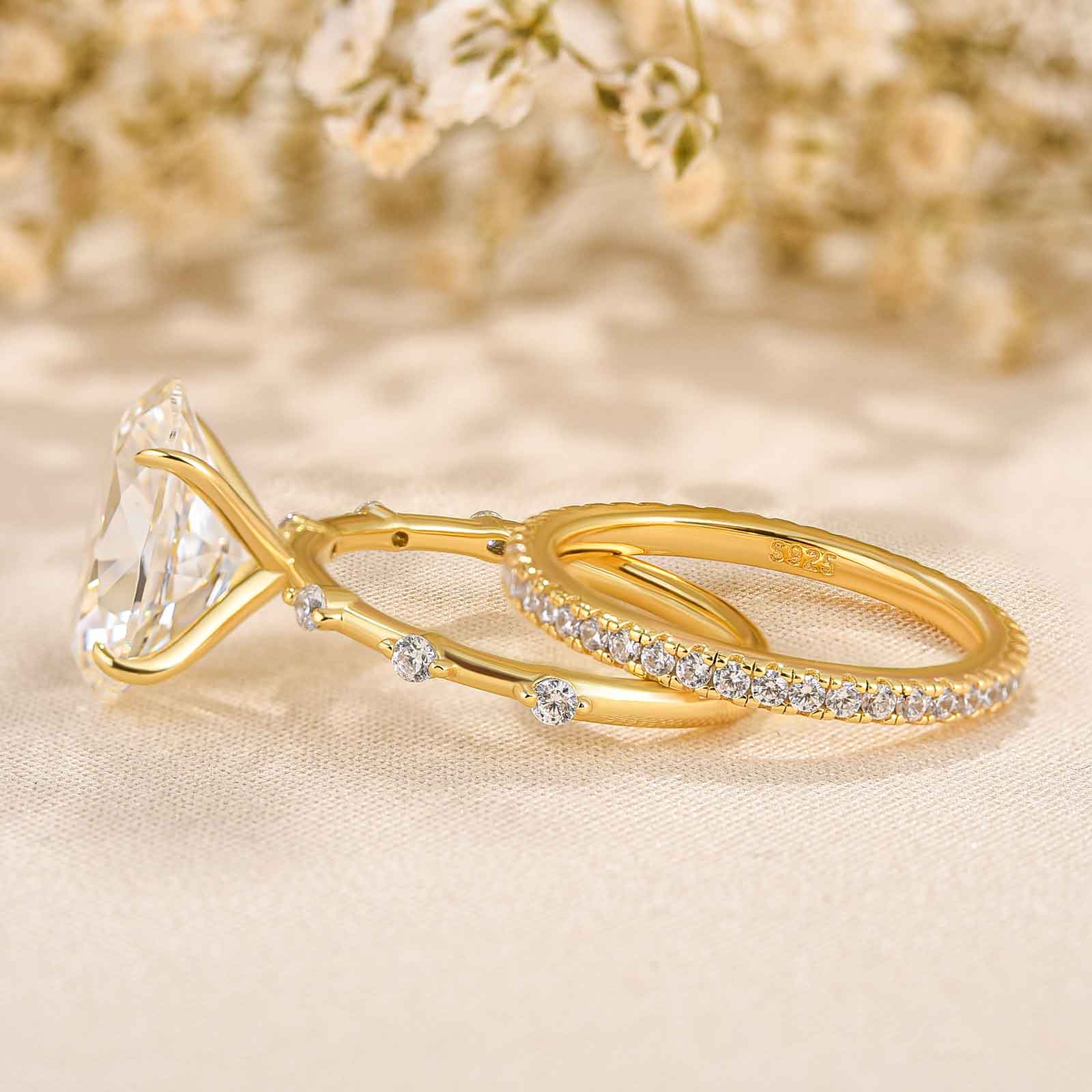 Sparkle Yellow Gold Oval Cut Wedding Ring Set In Sterling Silver