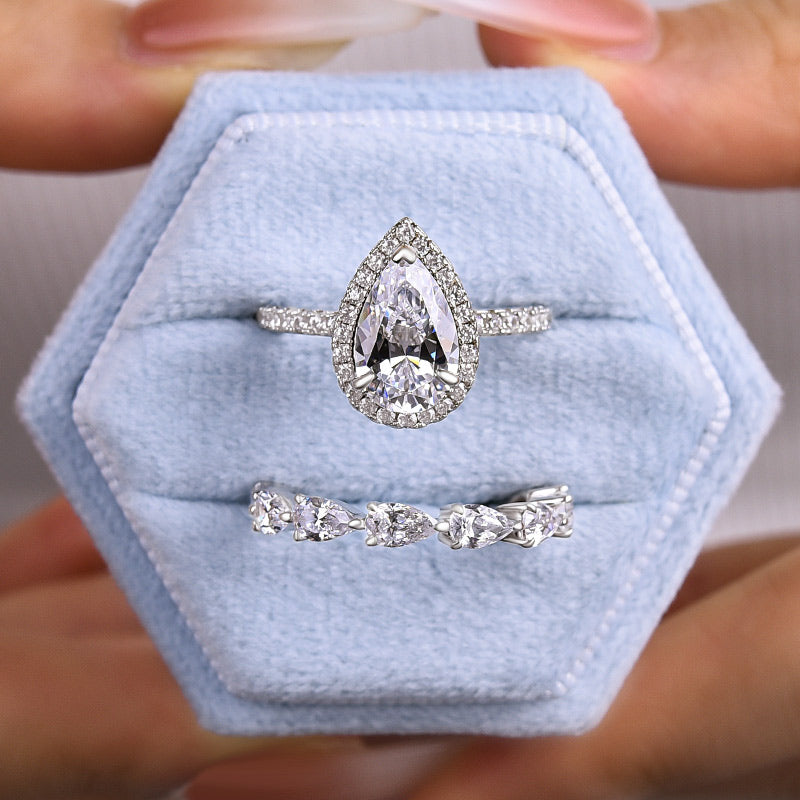 Sterling Silver Bridal Set Halo Pear Cut Engagement Ring & Pear Cut Wedding Band