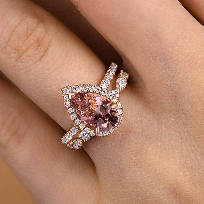 Rose Gold Halo 2.2 Carat Pear Cut Peachy Pink Stone Wedding Set For Women