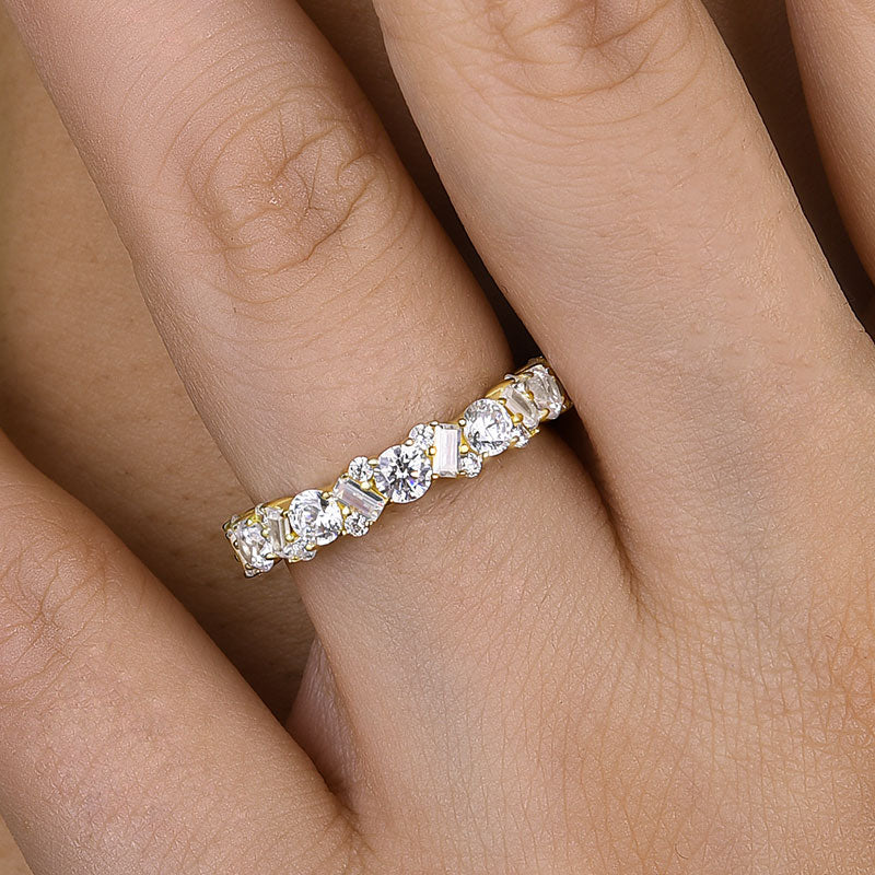 Yellow Gold Round Cut & Emerald Cut Wedding Band In Sterling Silver