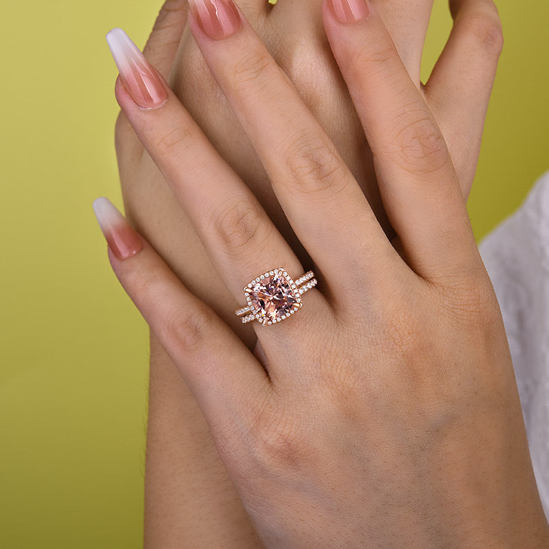 Morganite Women's Bridal Set 5.0 Carat Cushion Cut Wedding Ring Set In Sterling Silver