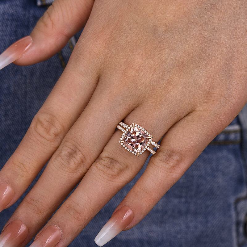 Morganite Women's Bridal Set 5.0 Carat Cushion Cut Wedding Ring Set In Sterling Silver