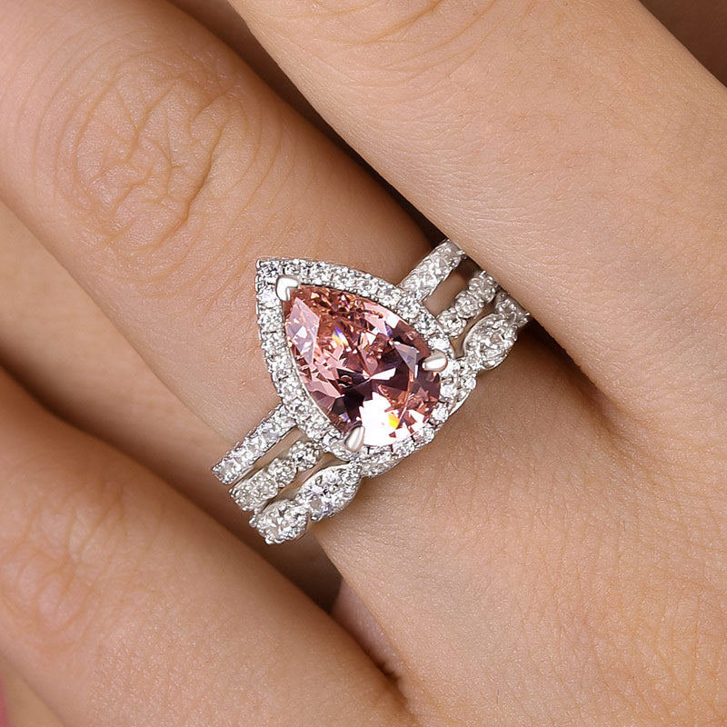 Halo Pear Cut 2.2 Carat Morganite Wedding Ring Set 3 PC In White Gold