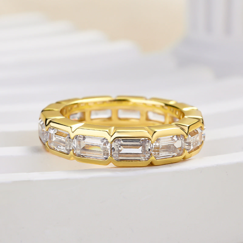 Vintage Yellow Gold Bezel Emerald Cut Women's Wide Wedding Band In Sterling Silver