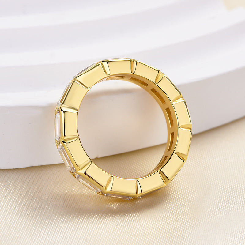 Vintage Yellow Gold Bezel Emerald Cut Women's Wide Wedding Band In Sterling Silver