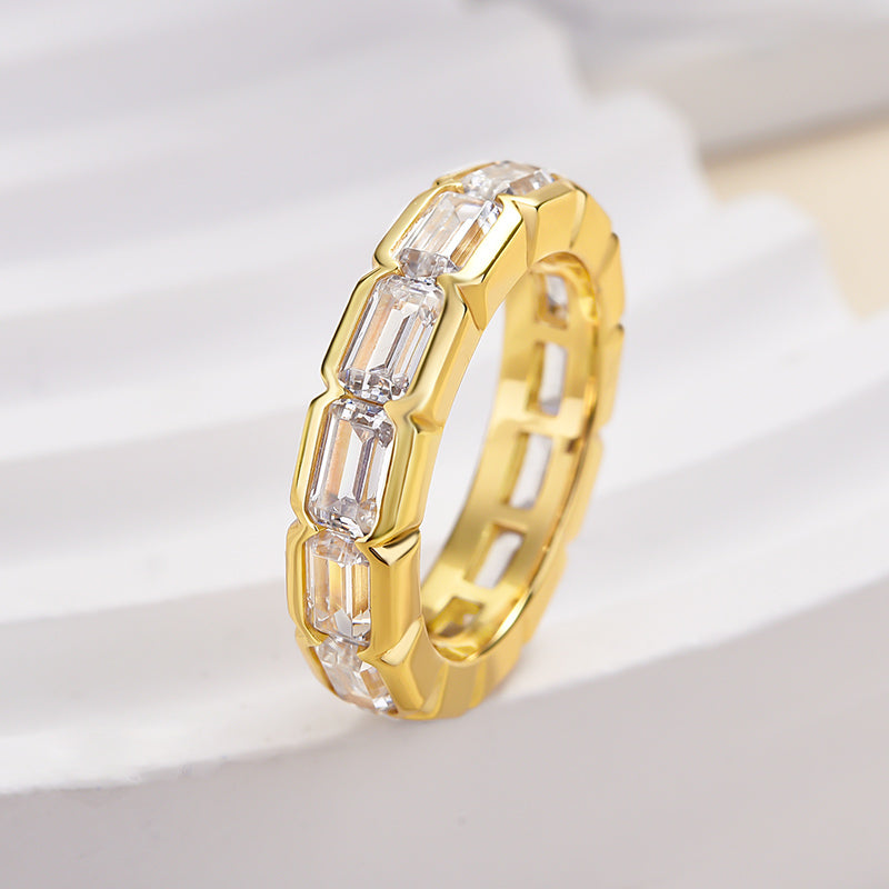 Vintage Yellow Gold Bezel Emerald Cut Women's Wide Wedding Band In Sterling Silver