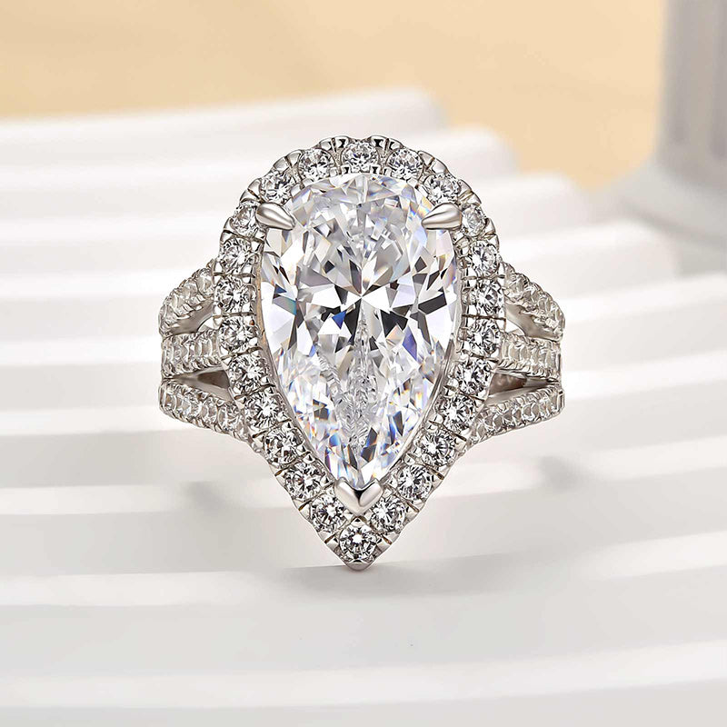 Ahabobo Vintage Split Shank Halo 4.5Ct Pear Cut Engagement Ring In Sterling Silver