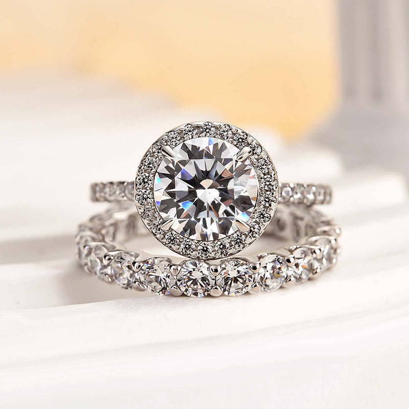 Maxine Halo Round Cut Sona Simulated Diamond Wedding Set