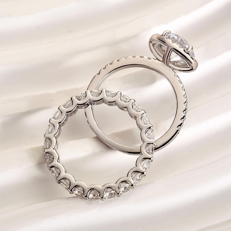 Maxine Halo Round Cut Sona Simulated Diamond Wedding Set