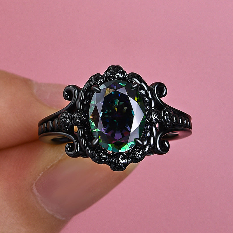 Vintage Black Gold Halo Oval Cut Alexandrite Engagement Ring In Sterling Silver