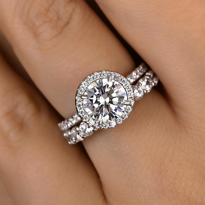Maxine Halo Round Cut Sona Simulated Diamond Wedding Set
