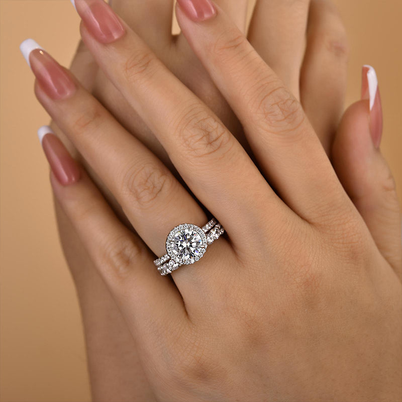Maxine Halo Round Cut Sona Simulated Diamond Wedding Set