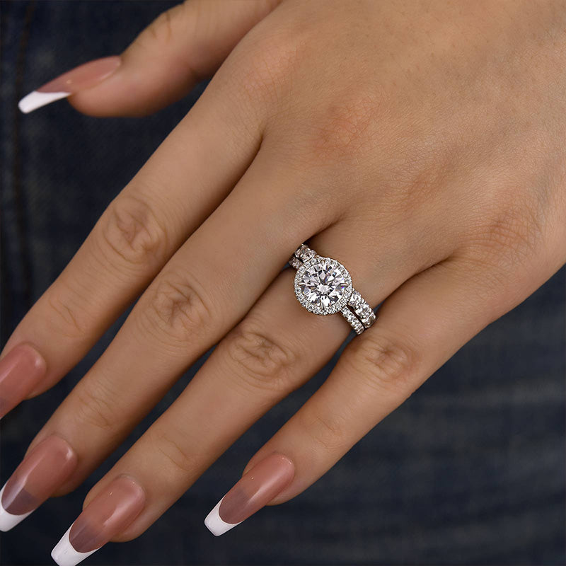 Maxine Halo Round Cut Sona Simulated Diamond Wedding Set