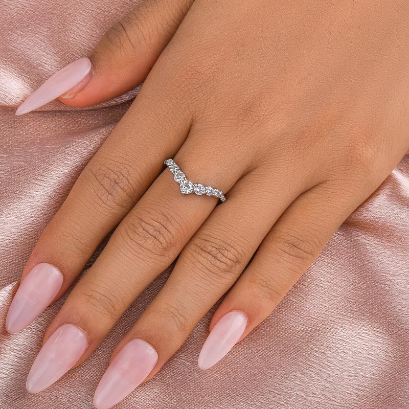 Maxine Moissanite Curved Design Thin Stacking Wedding Band In Sterling Silver