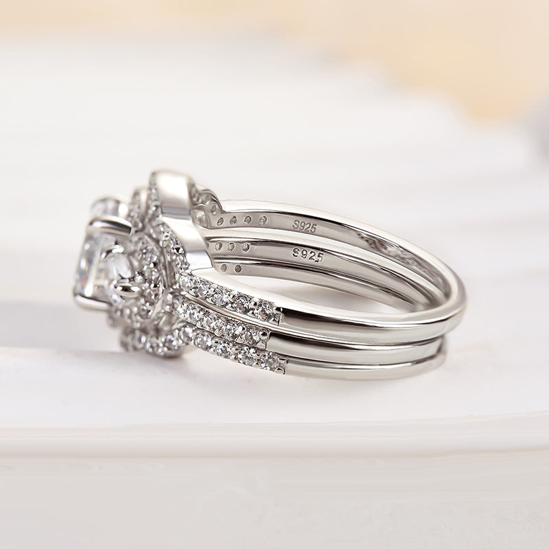 Ahabobo Unique Halo Round Cut Three Stone Insert 3PC Ring Set