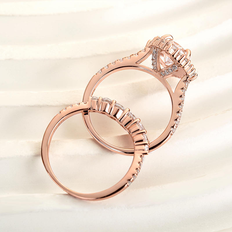 Elegant Rose Gold 2.2 Carat Halo Pear Cut Bridal Ring Set In Sterling Silver