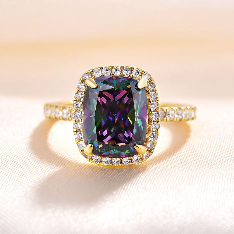 Unique Alexandrite Yellow Gold Halo Cushion Cut Engagement Ring