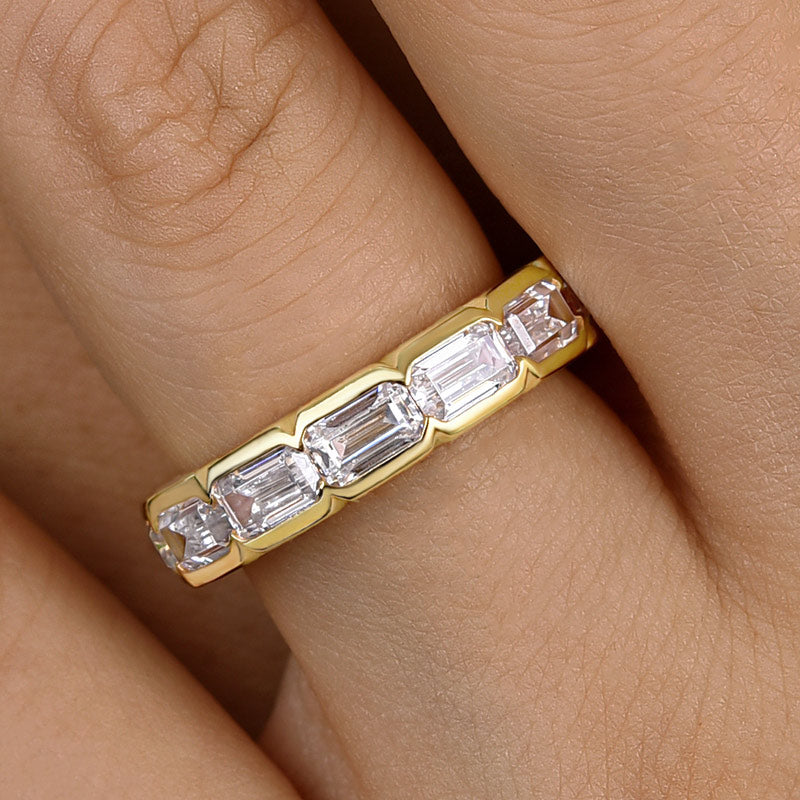 Vintage Yellow Gold Bezel Emerald Cut Women's Wide Wedding Band In Sterling Silver